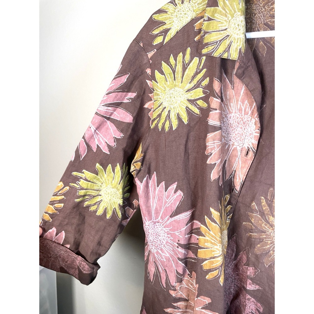 Fresh Produce Linen Button Up Shirt Small Brown Floral Beach Vacation Blouse Top - Picture 3 of 9